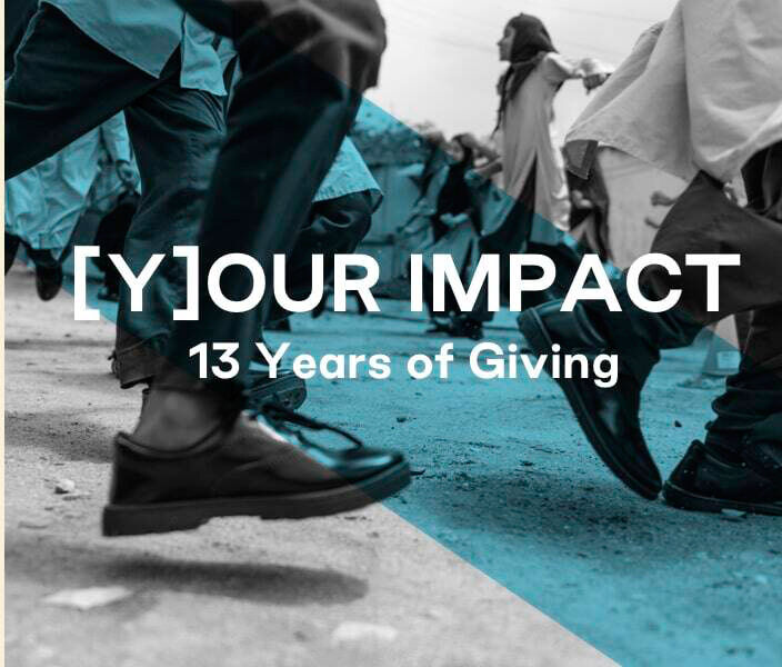 A close-up of kids running in TOMS shoes. Text: Your Impact. 13 Years of Giving.