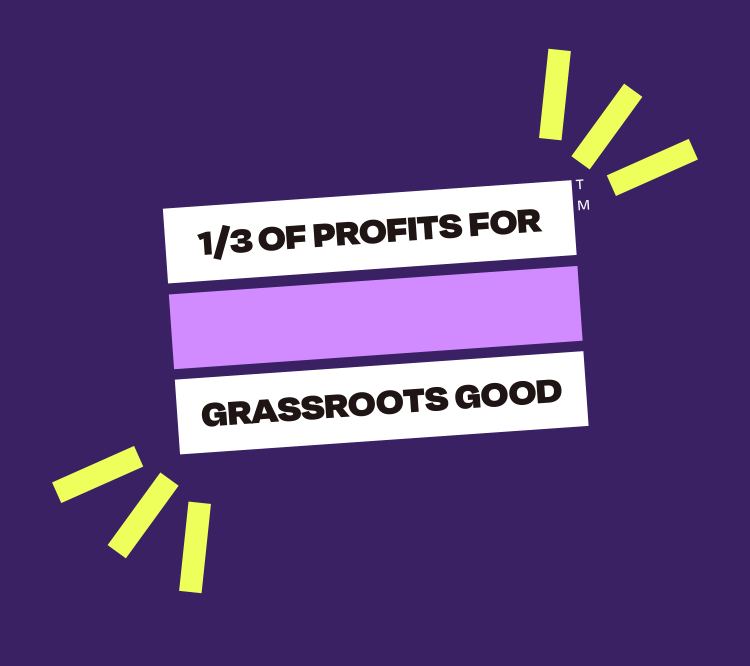 1/3 of profits for grassroots good. TOMS flag logo.