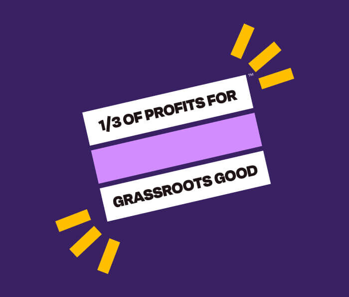 1/3 of profits for grassroots good. TOMS flag.